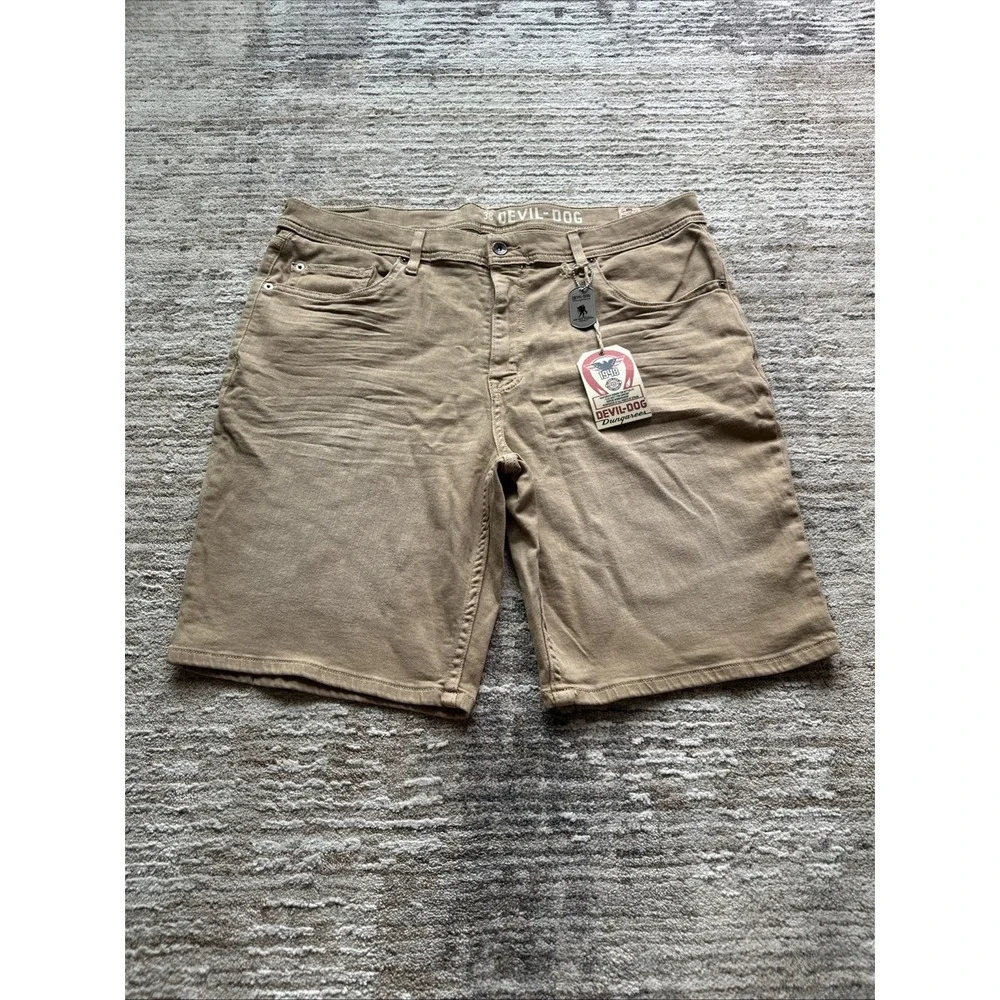DEVIL-DOG Dungarees Men's Khaki Chino Shorts Size 38 Flat Front Stretch Cotton